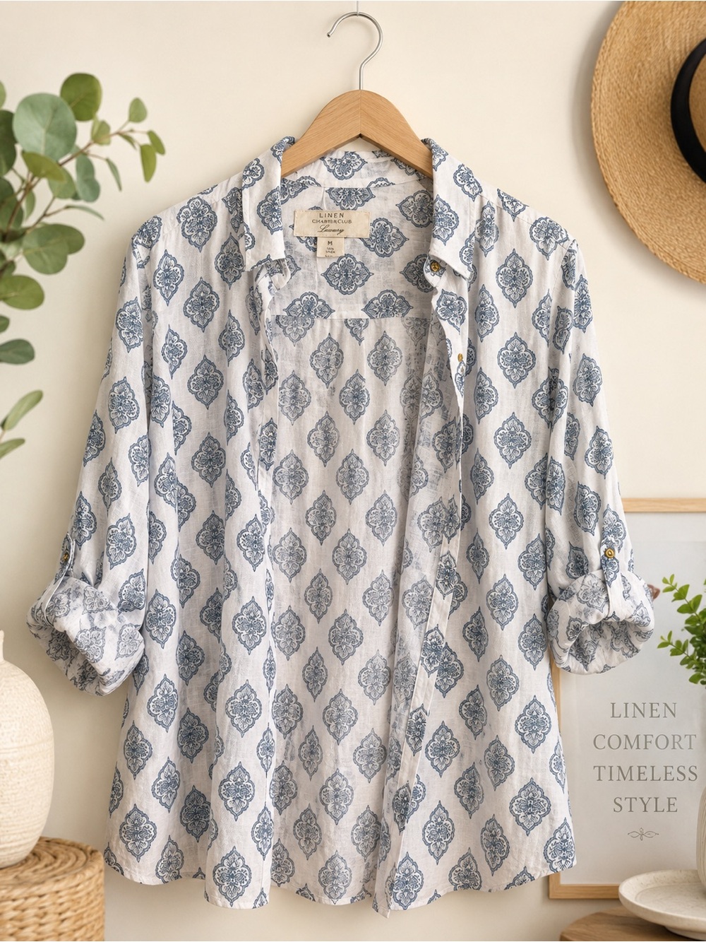 Charter Club White Linen Shirt with Blue Medallion Print
